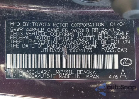 2004 Lexus Es 330 from USA, damaged, VIN JTHBA30G145024173